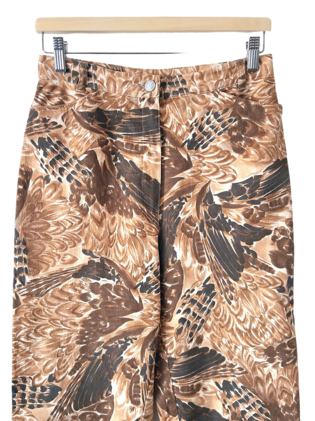 Feathers motif high waist denim pants