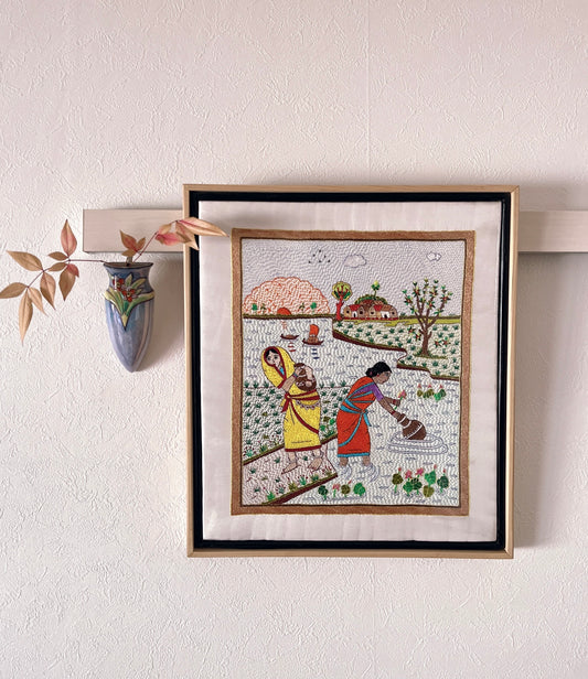 「 Women 」Hand embroidered textile wooden frame