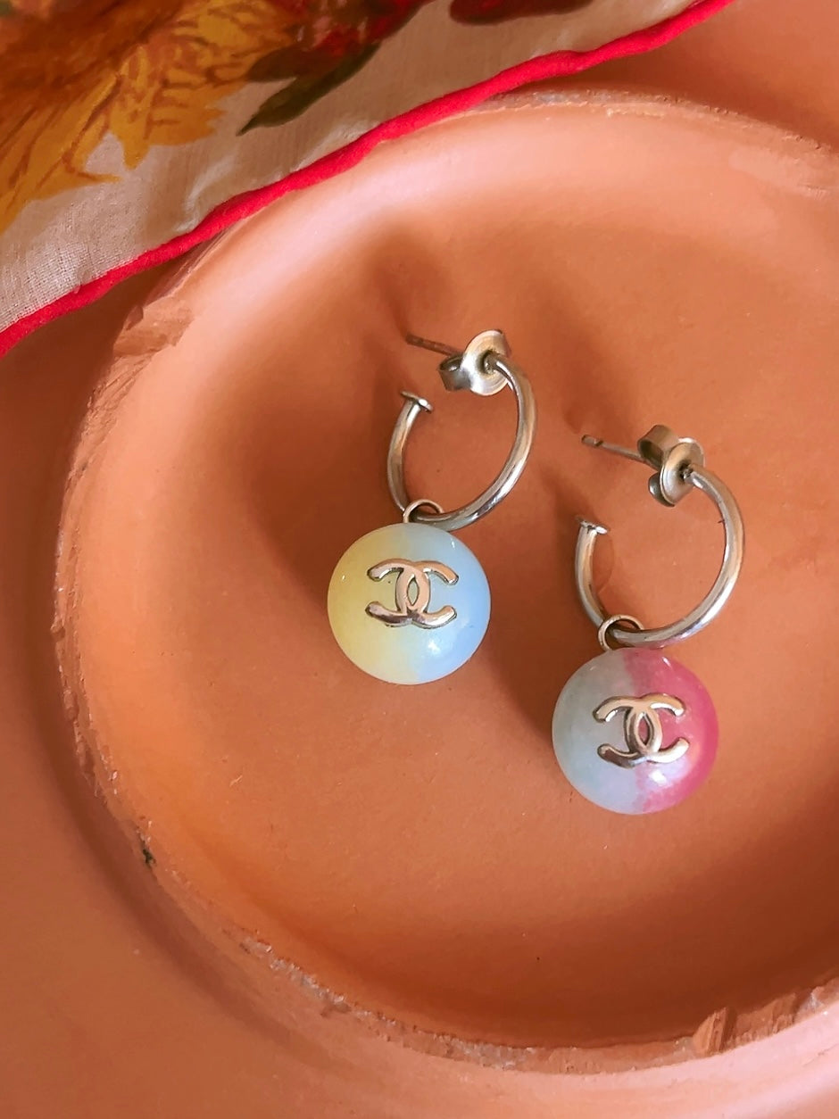 CHANEL 1999 bi-color stone logo silver hoop earrings